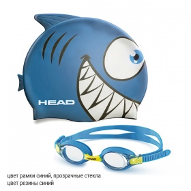 Фото комплект для плавания очки head meteor и шапочка, детская цвет рамки синий, прозрачные стекла, цвет резины синий