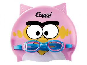 Фото комплект (очки розовые + плавательная шапочка розовая с рисунком) детские cressi