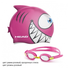 Фото комплект для плавания очки head meteor и шапочка, детская цвет рамки розовый, прозрачные стекла, цвет резины розовый