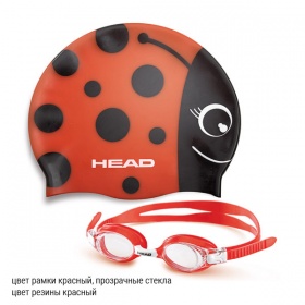 Фото комплект для плавания очки head meteor и шапочка, детская цвет рамки красный, прозрачные стекла, цвет резины красный